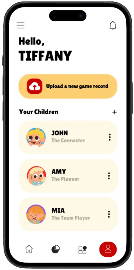 Parent dashboard greeting Tiffany, with an upload button and a list of children