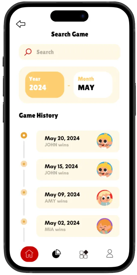 Game history screen with a search bar and a timeline of past games