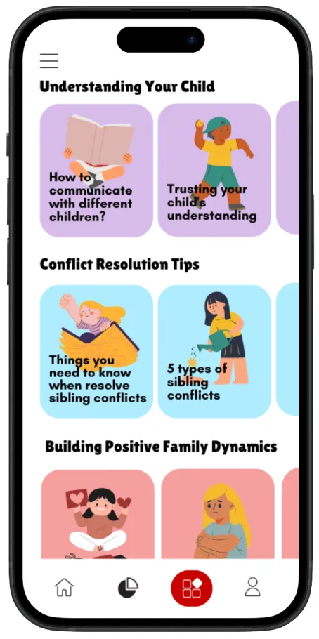 Parent insights screen with article cards on children, conflicts and family dynamics