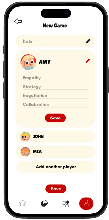 New game screen with score fields for Empathy, Strategy, Negotiation and Collaboration