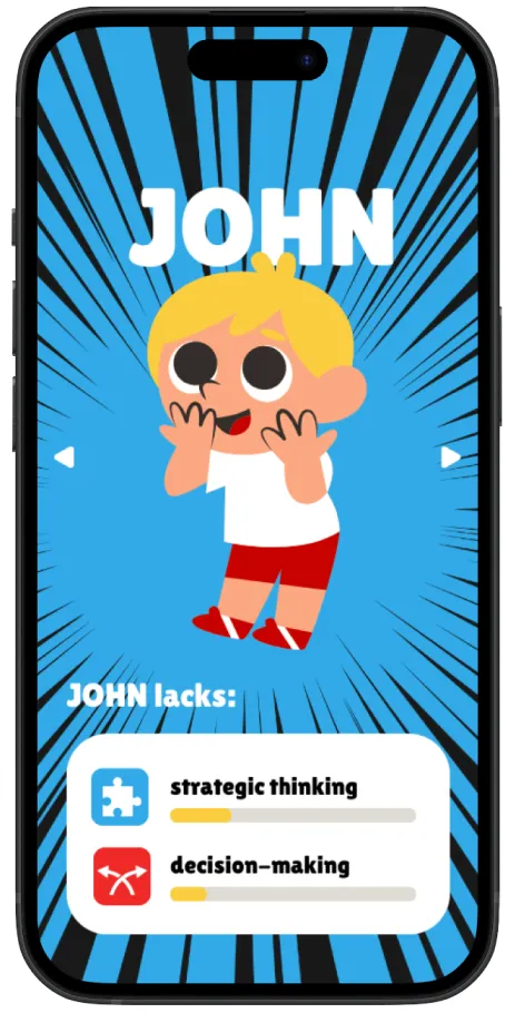 John's skill card showing he needs to work on strategic thinking and decision-making