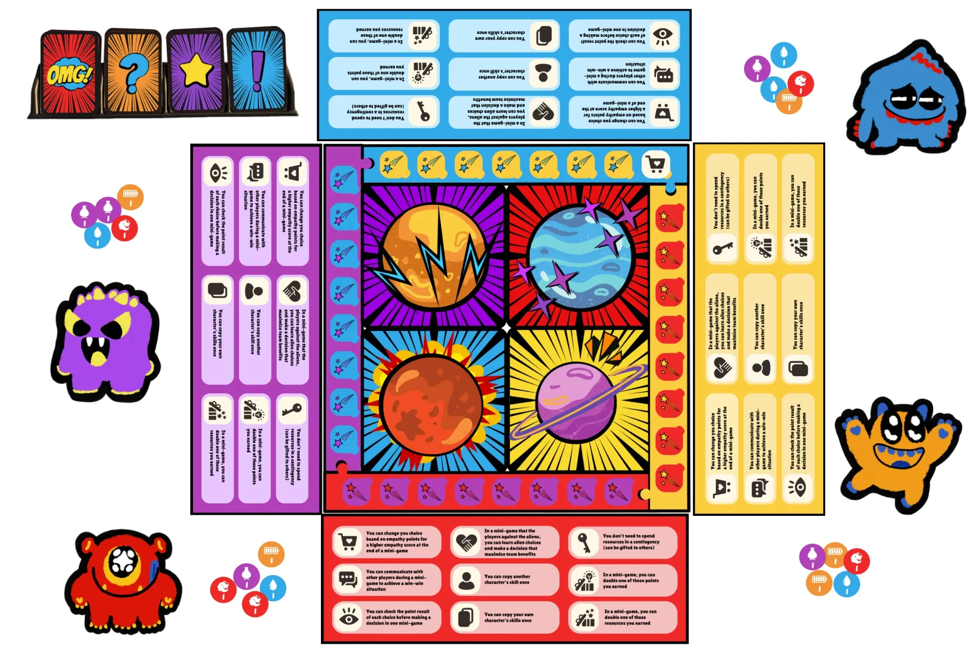 The full Galactic Guardians game board: four planets in the center, skill panels on all four sides, with the characters, resource tokens and event card decks around it