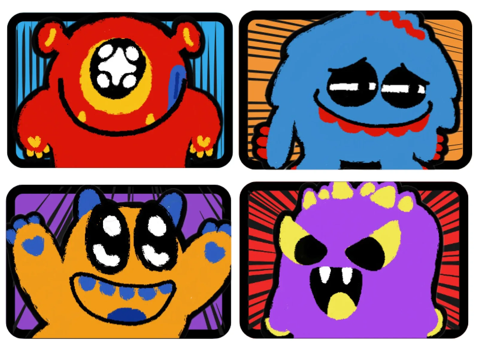 The four characters, Nova, Orion, Stella and Cosmo, drawn as colorful monsters