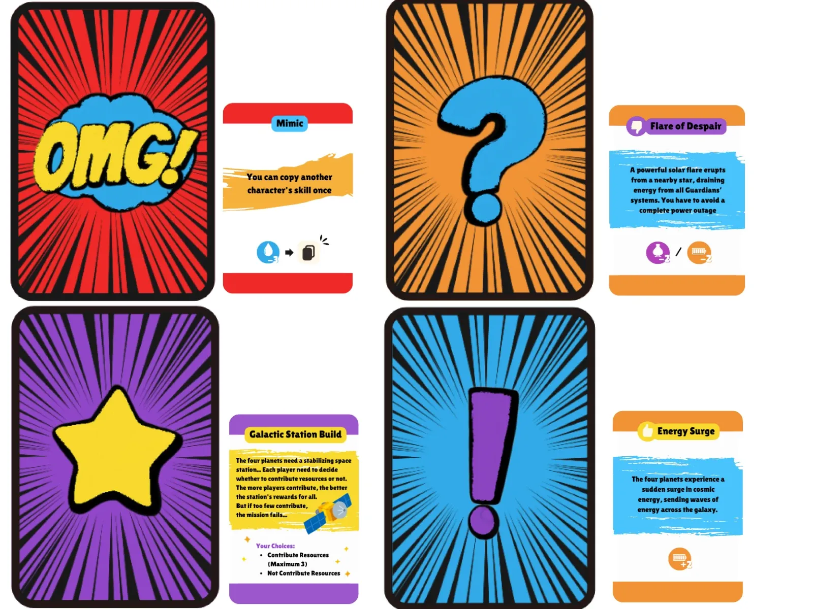 The four event card types, each card back shown beside an example card: Mimic, Flare of Despair, Galactic Station Build and Energy Surge