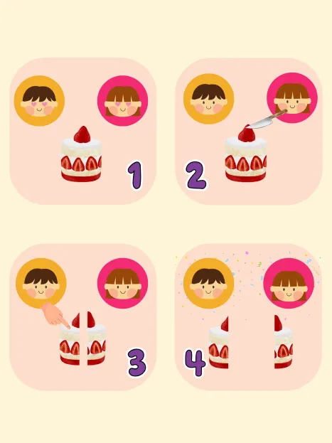 Cake-Cutting Problem illustration: two children share a cake, shown in four steps