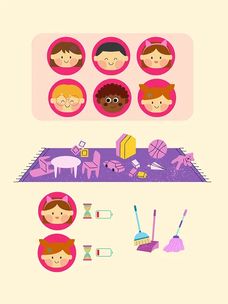 Volunteer's Dilemma illustration: six children, a messy playroom, two tired children and cleaning tools