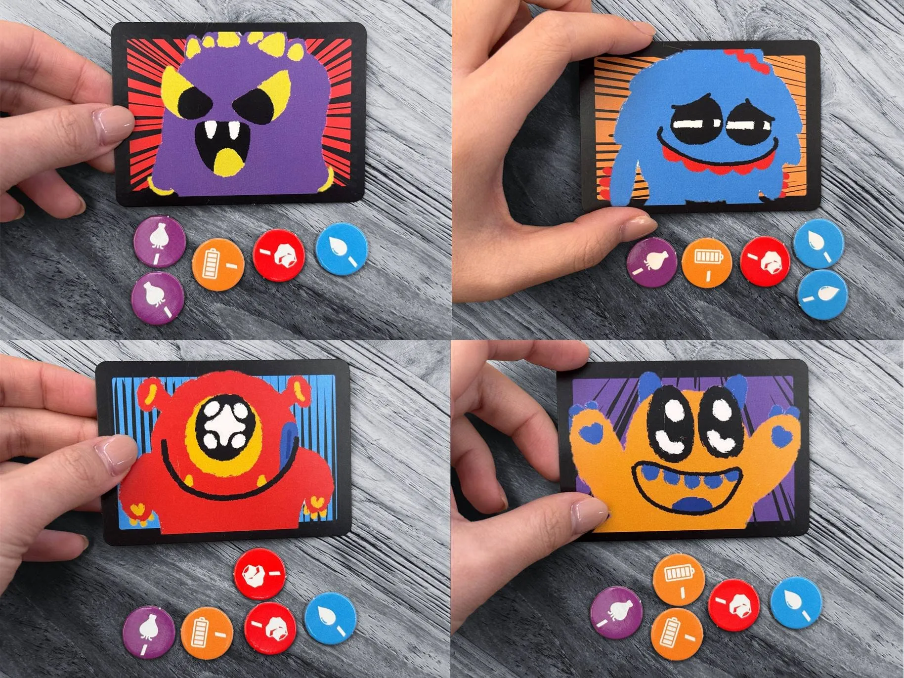 Product trial photo: the four character cards, each with its starting resource tokens