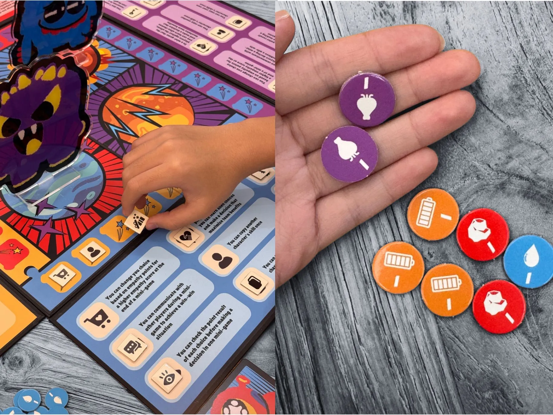 Product trial photo: a player places a skill tile on the board, beside a hand holding resource tokens